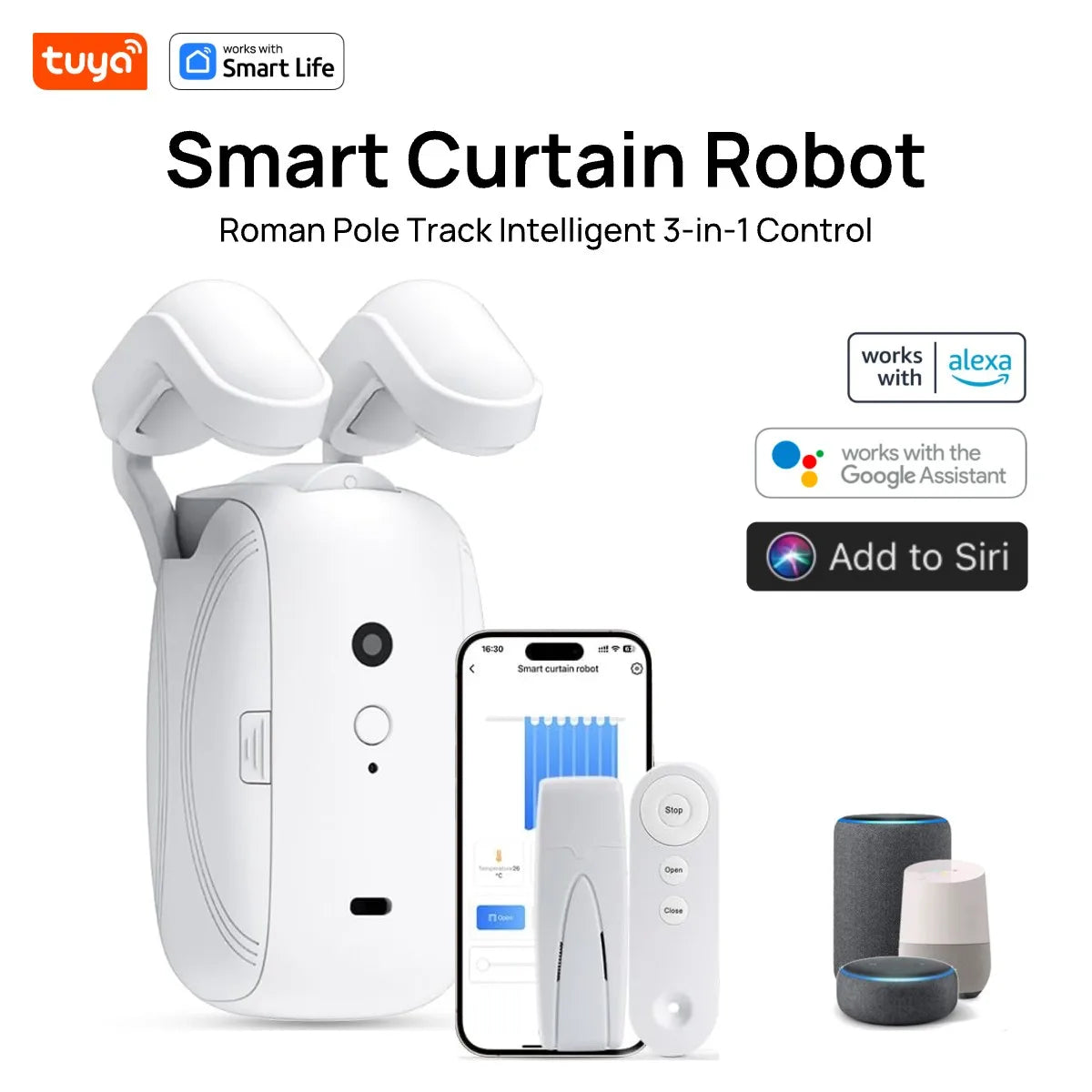 Tuya Smart Curtain Robot – Intelligent Automatic Curtain Opener with App, Remote & Voice Control (Alexa, Google Assistant & Siri) | For Roman Rod & Track
